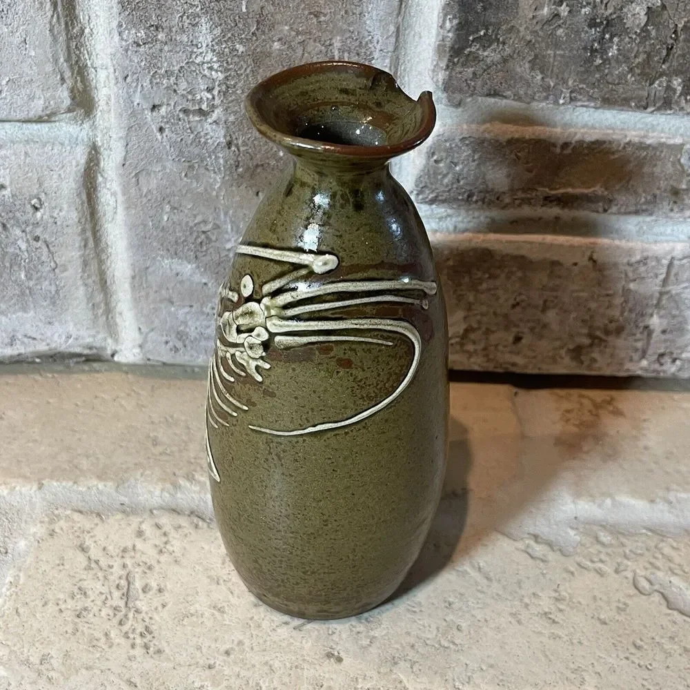 Studio Art Pottery Vase 6.5‎ Inch Olive Green Fish Skeleton Fossil Signed